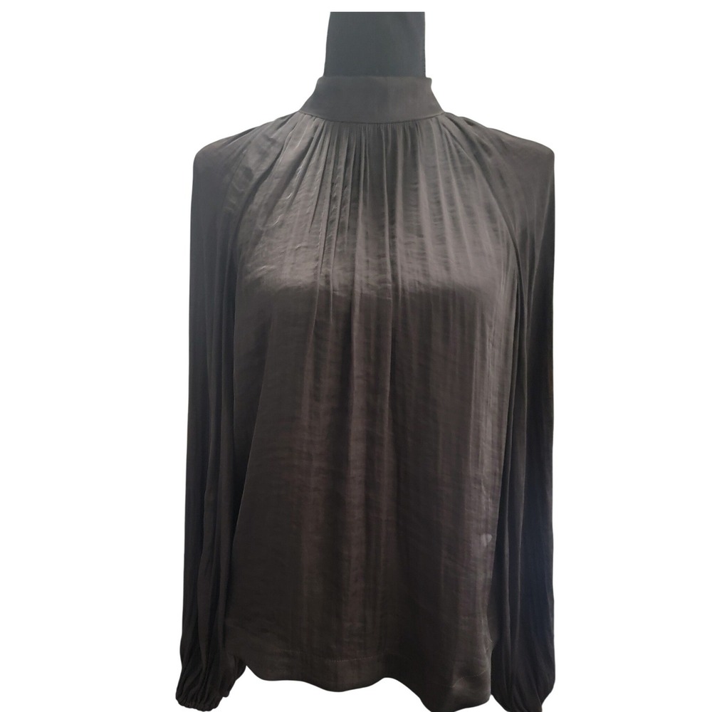 Gap Womens Brown Satin Pleated Mock Neck Blouse‎ Long Sleeve Keyhole Back Size S